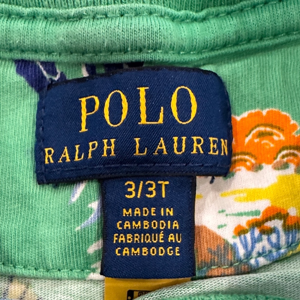 Polo by Ralph Lauren Kids T- Shirt in Green Ocean Print with Polo Bear - Picture 3 of 4